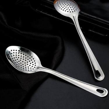 Imagem de Colher de aço inoxidável colheres de servir escumadeira 304 colher de concha, escorredor de macarrão para cozinha, fritar, graxa desnatada, molho e concha de sopa perfurada de espuma, utensílios de