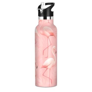 Imagem de Joisal Elegante garrafa de água tropical flamingos rosa com tampa de canudo garrafas de água de aço inoxidável isoladas para crianças, meninos, 590 ml, livre de BPA, à prova de vazamento, copos de