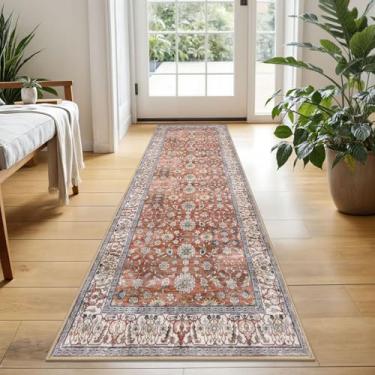 Imagem de KUTA Corredores para corredores 6 x 1,5 m, tapete floral vintage, antiderrapante, lavável, tapetes de cozinha, terracota, ultrafino, macio, estampado, desgastado, tapete de entrada para quarto