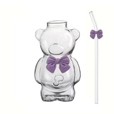 Imagem de Copo de vidro com laço de urso fofo com canudo combinando – Copo reutilizável para café gelado, chá, suco e bebidas diárias