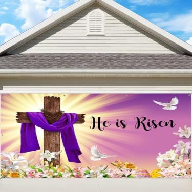 Imagem de OERJU Capa de bandeira para porta de garagem de Páscoa, pano de fundo para pendurar na porta da garagem, cruz de Jesus, decoração religiosa, igreja, festa, mural de Páscoa, ambientes internos e