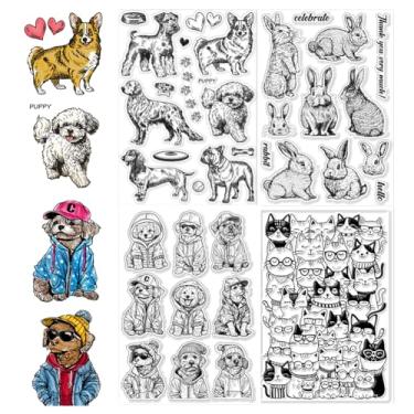 Imagem de 4 peças de carimbos transparentes de plástico PVC com 4 estilos, carimbo de silicone com tema animal, estampa de coelho e gato, carimbos transparentes para fazer álbuns de fotos faça-você-mesmo, 16 x