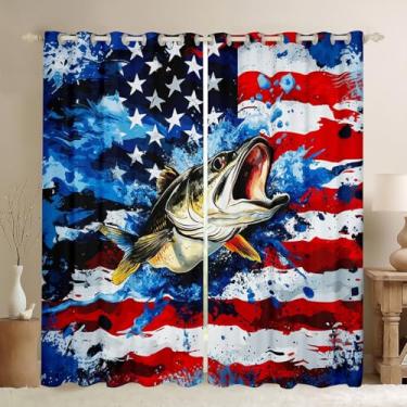 Imagem de Cortinas de janela de peixe robalo, cortina de janela de caça de animais peixe lúcio para decoração de quarto, cortinas com bandeira americana de 2 painéis para adultos adolescentes, 106 cm L x 150 cm
