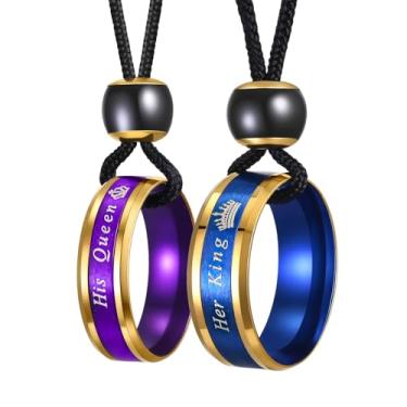 Imagem de UTHOSMDO Conjunto de colar para casais His Queen Her King, anéis de aço inoxidável roxo e azul, cordão preto para casais presentes para amantes, Adjustable, Aço inoxidável Aço inoxidável Cordão de