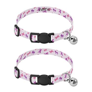 Imagem de SEHANY Conjunto de 2 coleiras de cachorro com laço rosa fofo, fivela de plástico resistente, leve, macia e leve, com sino pequeno, coleiras personalizadas com nome de animal de estimação para meninos