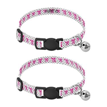 Imagem de SEHANY Conjunto de 2 coleiras de cachorro com laço rosa fofo, fivela de plástico resistente, leve, macia e leve, com sino pequeno, coleiras personalizadas com nome de animal de estimação para meninos