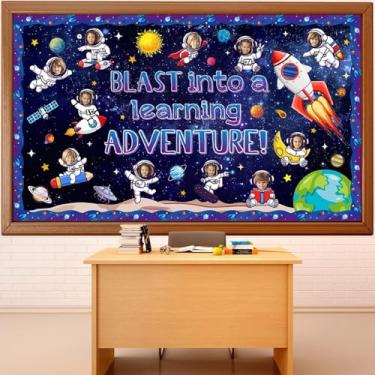 Imagem de Pajean Quadro de avisos espaciais, decorações de sala de aula do espaço sideral explodir em um aprendizado de aventura recortes para volta às aulas primeiro dia janela porta parede primário pré-escola
