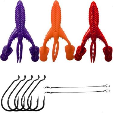 Imagem de 3 Iscas Craw Padlle + Anzol Offset + Chicote Pesca Esportiva - MATADEI