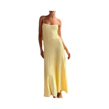 Imagem de Vestido Midi Amarelo De Cintura Alta Sem Mangas Em Tricô Plissado Para