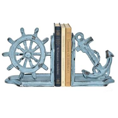 Imagem de Suporte de livros de âncora decorativo, âncora e navio náutico, suporte de livro de ferro fundido resistente, extremidades de livros para prateleiras sala de estar escritório em casa, azul antigo, 1