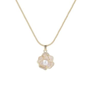 Imagem de Colar feminino com pingente de flor de zircônia cúbica de ouro 14K com corrente ajustável de 40 a 45 cm (caixa de presente incluída). Joias românticas para ela (aniversário, dia dos namorados