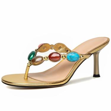 Imagem de BeeLg Sandálias femininas de salto dental Jewelled Toe aberto redondo salto alto chinelos moda verão praia vestido sandálias, Dourado, 39