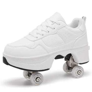 Imagem de ANEFUN Tênis Pop Up Roller Skate para mulheres, homens, meninas e meninos – Tênis 2 em 1 com quatro rodas retrátil, conversível, adulto, para viagens ao ar livre, festa, patinação, Branco, 5