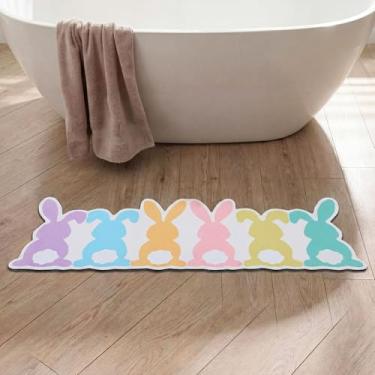 Imagem de Frienda Tapete de banheiro de Páscoa, coelhinho de ovo de Páscoa, tapete de banho, colorido, fofo, coelho, tapete decorativo para banheiro, chuveiro, sala de estar, quarto, cozinha