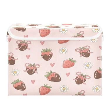 Imagem de Wassud Cestos de armazenamento dobráveis com tampas, margaridas de chocolate de morango, cestas organizadoras de tecido dobráveis para armário, decoração sazonal de casa 40 x 30 x 30 cm