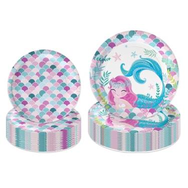 Imagem de LeZakaa Conjunto de pratos de papel de aniversário de 50 peças - design de escama de sereia e sereia descartáveis pratos de festa decorativos suprimentos de mesa decoração de mesa chá de bebê para