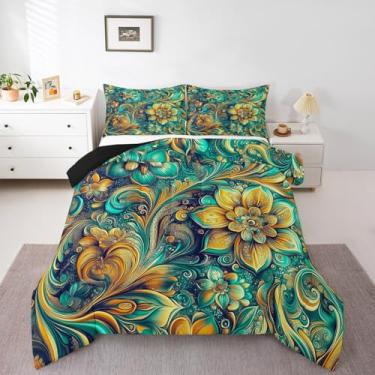 Imagem de Conjunto de edredom com flores retrô 3D, tamanho king, amarelo, verde, florescendo, floral, para meninas, adolescentes, mulheres, folhas espirais, vintage, mandala, com 2 fronhas