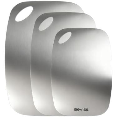 Imagem de Beviss Conjunto de 3 tábuas de corte, tábuas de corte de aço inoxidável 18/8 100% puro, dupla face, tábua de cortar para cozinha, pode ser lavada na lava-louças para carne, legumes ou frutas, P + M +