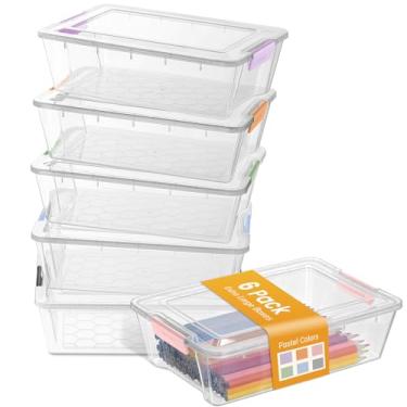 Imagem de Sooez Pacote com 6 caixas de lápis, novo estojo extra grande, caixa de caneta de giz de cera de plástico, organizador de marcadores transparentes, recipientes de plástico com tampas, caixa de