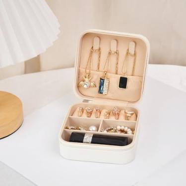 Imagem de Caixa de joias de viagem branca de poliuretano – Mini estojo organizador de joias portátil com suporte de armazenamento para anéis, brincos, colares e pulseiras