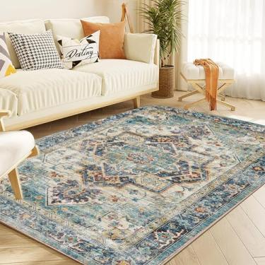 Imagem de Yancorp 1,2 m x 1,8 m Boho tapete para quarto, antiderrapante, lavável, tapete vintage, sala de estar, grande área para sala de jantar, mesa, lago azul
