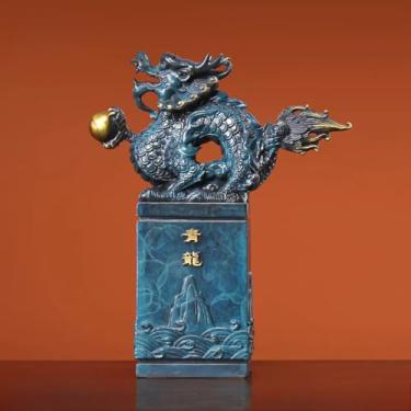 Imagem de FENNYYAR Estátua de dragão azul bronze antigo, 23 cm 9 polegadas, decoração de ornamento Fengshui para sala de estar em casa