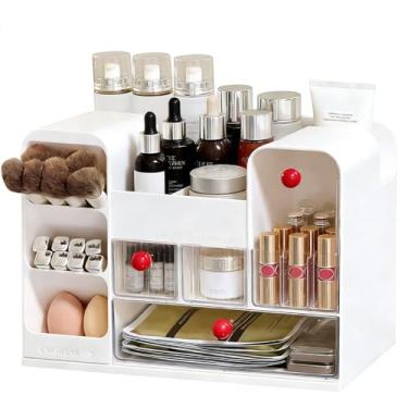 Imagem de LLNTOU Organizador de maquiagem para penteadeira com suporte de pincel, grande organizador de cosméticos e cuidados com a pele, bancada com várias gavetas, estojo de exibição de cosméticos para batons