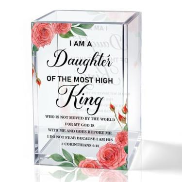 Imagem de QYUVK You Are God's Masterpiece Porta-lápis de acrílico, suporte de caneta floral cristã para mesa, presentes cristãos para mulheres e meninas, versículos da Bíblia, organizador de pincéis de