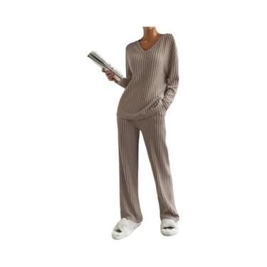 Imagem de Conjunto De Pijama Casual Feminino Em Malha Canellada Com Decote Em V 