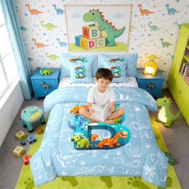Imagem de Erosebridal Jogo de cama solteiro de dinossauros de desenho animado em uma bolsa, 7 peças, animais da selva, dinossauros, conjunto de edredom fofo com letra B para crianças e adultos, conjunto de cama