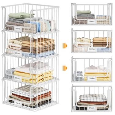 Imagem de Quszmd Organizadores e armazenamento empilháveis de 4 camadas, organizador de prateleira de roupas, cesto de arame dobrável, armazenamento de suéter para armário e despensa, 30 cm P x 39,9 cm L
