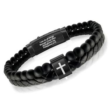 Imagem de Pulseira de couro trançada preta e marrom para homens, pulseiras cruzadas com letras Love You Forever presentes para filho marido namorado, pulseira masculina joia presente para batismo religioso