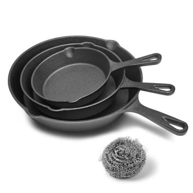 Imagem de WANGYUANJI Conjunto de frigideira de ferro fundido resistente – Frigideiras duráveis para fogão, forno, churrasqueira e fogueira, fácil de usar e limpar, preto