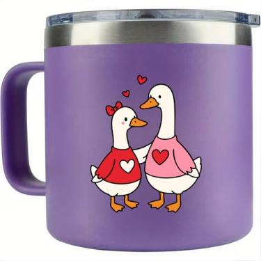 Imagem de Caneca Térmica Fofa com Casal de Gansos, 414ml, Aço Inoxidável com Alça e Tampa, Isolamento a Vácuo Duplo, Presente Divertido para Ela/Ele (Roxo)