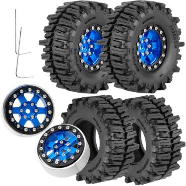 Imagem de RCHuiWow 1.3 Beadlock rc Wheels and Tires for 1/18 TRX4M,Ascent-18,1/24 SCX24,FCX24,1.3" Beadlock Alloy Aluminium Rims w/Rings & All Terrain Tires,Navy Blue