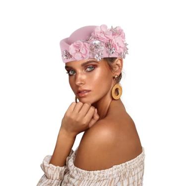 Imagem de ASO OKE Chapéu de feltro britânico retrô europeu e americano com boina macia feminina floral (rosa)