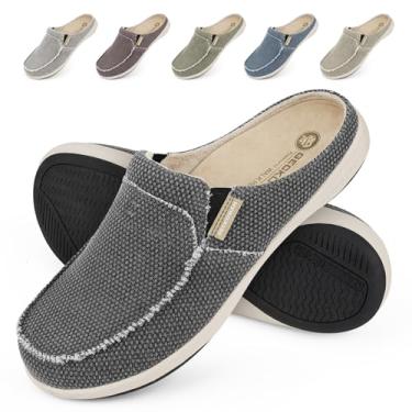 Imagem de Pantufas masculinas com suporte de arco, chinelo de lona para casa masculino com forro de veludo, sapato para usar em casa com sola de borracha antiderrapante para uso interno e externo,