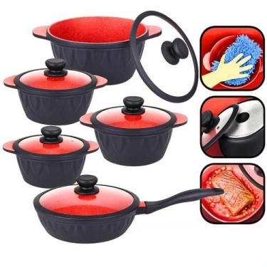 Imagem de Conjunto 5 Panelas Preta Cerâmica Indução Floral Tampa Vidro - Docesar