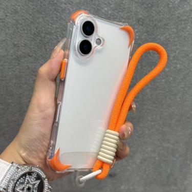 Imagem de Pulseira anti-perda com cordão e capa transparente à prova de choque para iPhone 12, 13, 14, 15, 16 Pro Max Plus, capa protetora de silicone macio, laranja, para iPhone 13 Pro Max