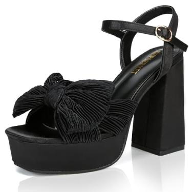 Imagem de KHPAERMEI Salto plataforma com nó de laço para mulheres, moderno, bico aberto, salto grosso, tira no tornozelo, vestido de festa de casamento, salto alto, Preto, 37