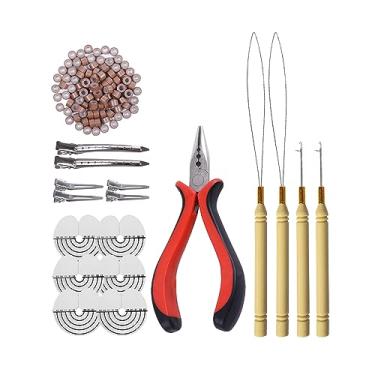 Imagem de Kit de ferramentas de extensões de cabelo de 200 peças de anéis de silicone: Alicate de cabelo de três furos, agulha de gancho de puxar, passador de laço e microelos de silicone (marrom claro)