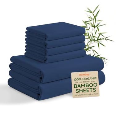 Imagem de Homilay Jogo de cama Queen 6 peças 100% viscose derivado de bambu, roupa de cama macia e sedosa com bolso profundo de até 16, lençóis de cama refrescantes orgânicos e certificados Oeko-TEX, azul