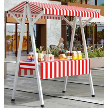 Imagem de Barraca portátil de mercado ao ar livre com dossel - Mesa de exibição de aço dobrável para artesanato, mantimentos, estatuetas e cosméticos - Suporte de fornecedor vermelho de 110 cm para agricultores
