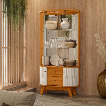 Imagem de Cristaleira de Vidro com Led 91cm Sala de Jantar Zunari Cinamomo/Off White M20 - D'Rossi