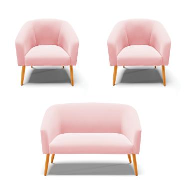 Imagem de Namoradeira e 2 Poltronas Pé Palito Castanho Stella Suede Rosa Bebê D03 - D'Rossi