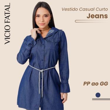 Imagem de Vestido Casual Curto Jeans com Brilho Manga Flare Básico Cintura Ajustável-Feminino
