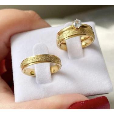 Imagem de PAR DE ALIANÇAS  + anel solitário 3mm diamantada 18k casamento/ noivad