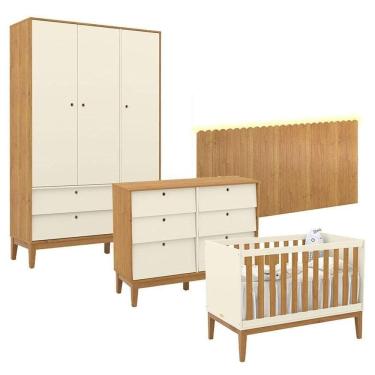 Imagem de Quarto De Bebê Unique 3 Portas Com Cômoda 6 Gavetas E Painel Farm Com Led Off White Freijó Eco Wood - Matic