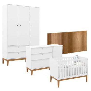 Imagem de Quarto De Bebê Unique 3 Portas Com Cômoda Sapateira E Painel Ripado Branco Soft Eco Wood - Matic