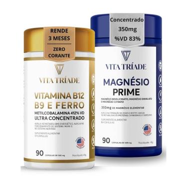 Imagem de Vitamina B12 concentrada, B9 e Ferro 90 Cápsulas + Magnésio Concentrado 350mg  90 Cápsulas Kit-Unissex